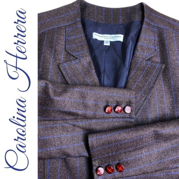 CAROLINA HERRERA Elegant Wool Cashmere Blend 1-Button Pinstriped Blazer, Size 12 - Picture 5 of 9
